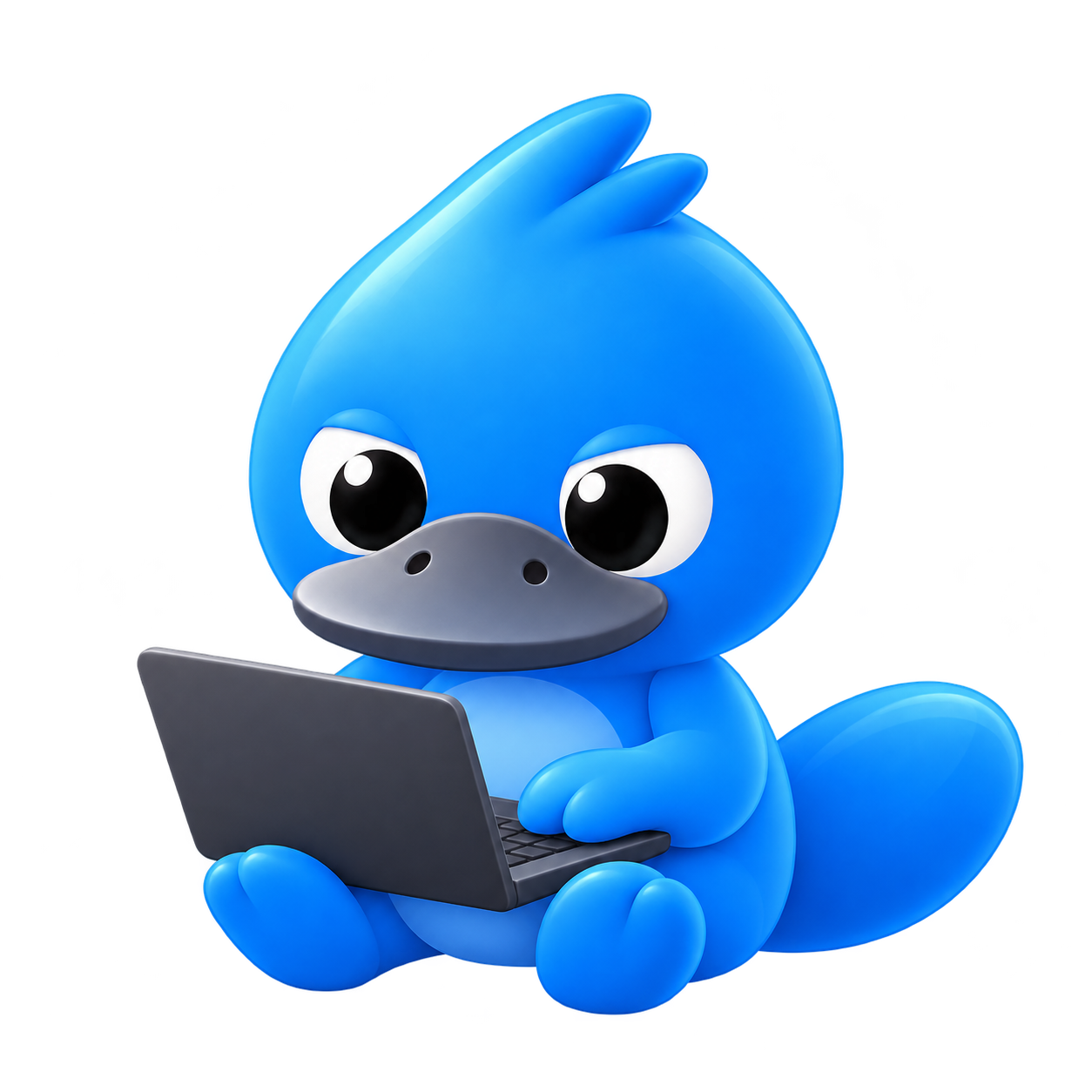 Platy, Desco’s blue platypus mascot, hard at work on his laptop.